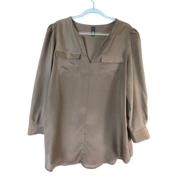 Khaki‎ Tan Large V-Neck Blouse With Utility Pockets Basic Classic Casual Modern - Picture 1 of 5